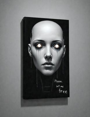 The primary subject of the image is a painting or drawing of a woman with a sad expression. The setting is a wall, and the visual style appears to be a combination of photo and digital art. The colors are predominantly black and white, giving the image a moody and dramatic atmosphere.